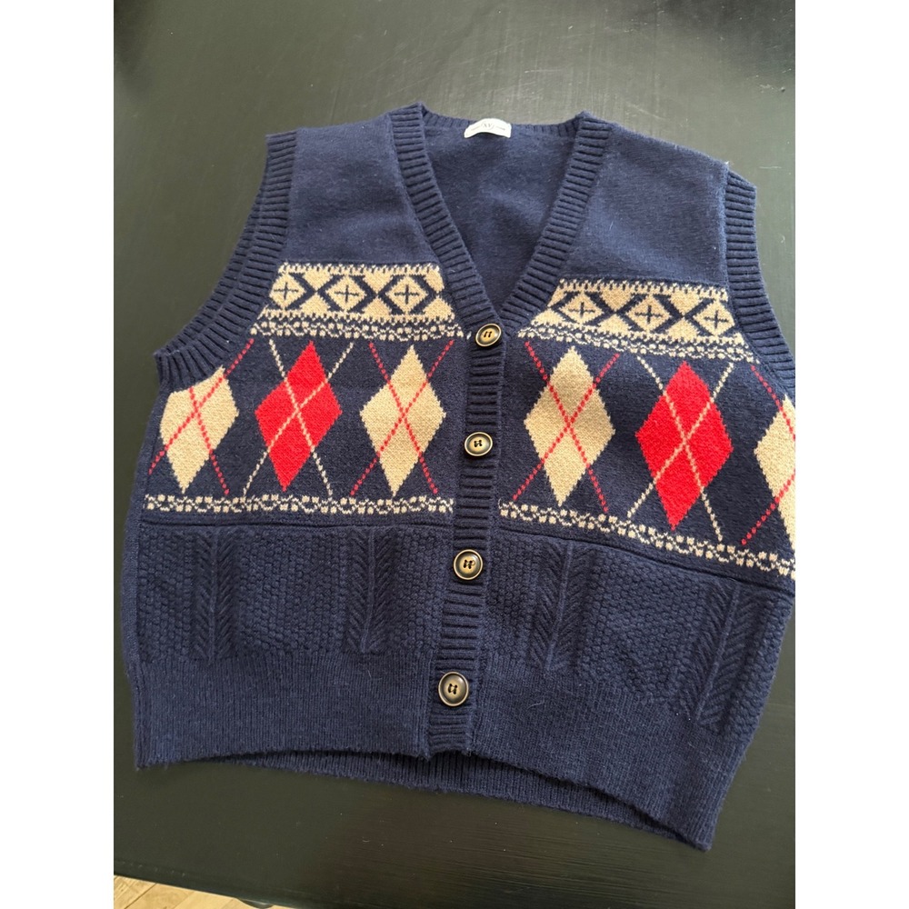 XY Design Vogue Navy Blue Argyle Sweater Vest Cardigan Preppy V-Neck Mens large